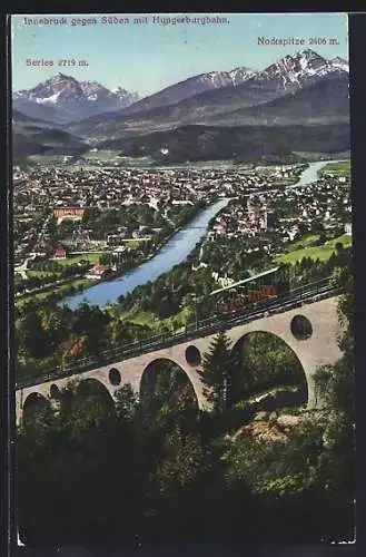 AK Innsbruck, Teilansicht gegen Süden mit Hungerburgbahn, Serles und Nordspitze