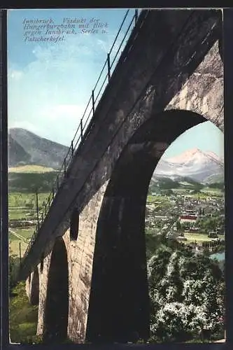 AK Innsbruck, Viadukt der Hungerburgbahn mit Blick gegen den Ort, Serles und Patscherkofel