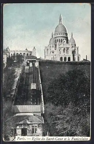 AK Paris, Église du Sacré-Coeur et le Funiculaire, Bergbahn
