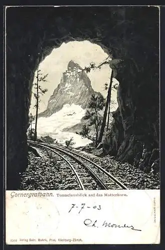 AK Gornergratbahn, Tunnelausblick auf das Matterhorn
