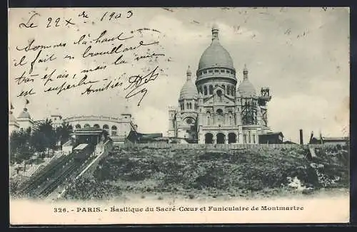 AK Paris, Basilique du Sacré-Coeur et Funiculaire de Montmartre, Bergbahn