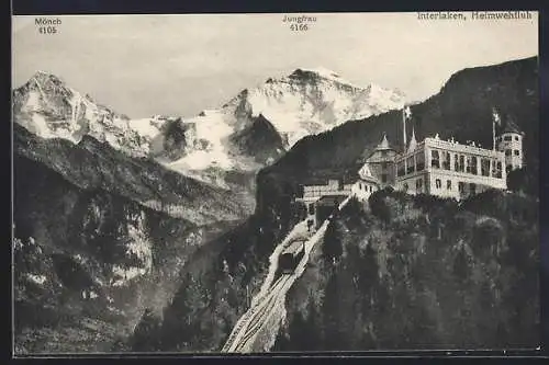 AK Interlaken, Heimwehfluh mit Bergbahn, Mönch und Jungfrau