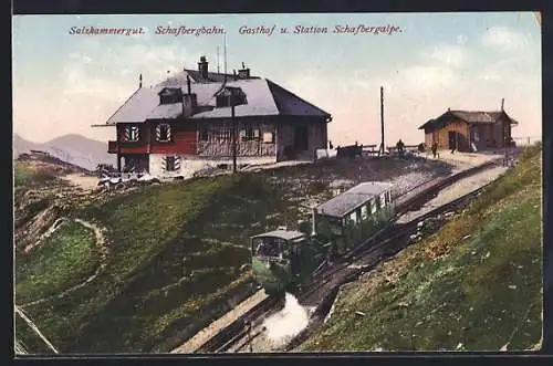 AK Schafbergalpe /Salzkammergut, Gasthof und Bahnhof der Schafbergbahn