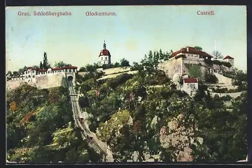 AK Graz, Castell mit Glockenturm und Schlossbergbahn