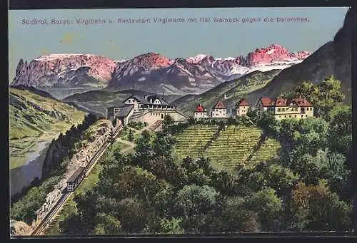 AK Bozen, Virgilbahn u. Restaurant Virgilwarte mit Hof Weineck gegen die Dolomiten, Bergbahn