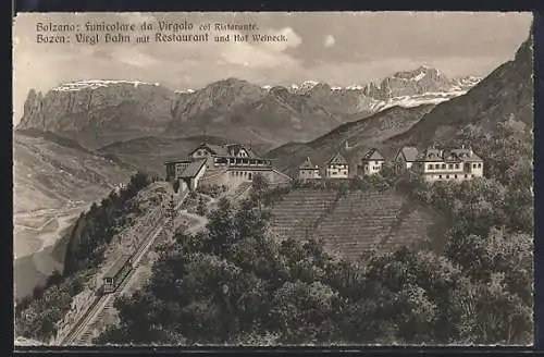 Künstler-AK Bolzano, Virgl-Bahn mit Restaurant und Hof Weineck