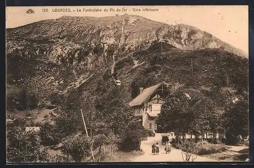 AK Lourdes, Le Funiculaire du Pic du Jer, Gare intérieure, Bergbahn