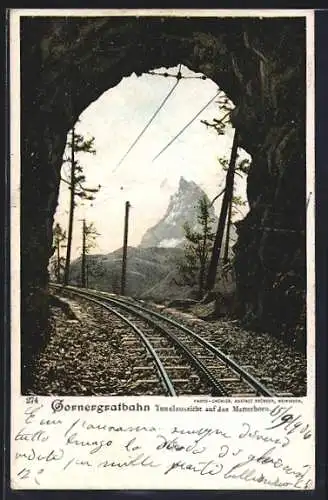 AK Gornergratbahn, Tunnelaussicht auf das Matterhorn