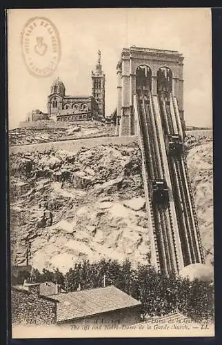 AK Marseille, The lift and Notre-Dame de la Garde church, Bergbahn