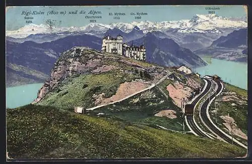AK Rigi-Kulm mit Bergbahn und den Alpen