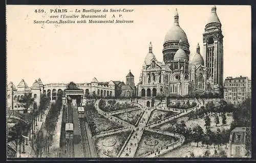 AK Paris, La Basilique du Sacré-Coeur avec l`escalier Monumental, Bergbahn