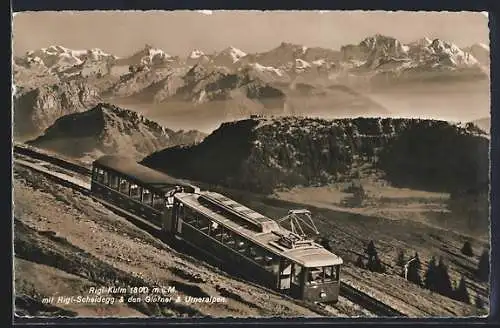 AK Rigi Kulm mit Rigi-Scheidegg u. den Glarner u. Unteralpen, Bergbahn