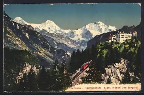 AK Interlaken-Heimwehfluh, Bergbahn mit Eiger, Mönch und Jungfrau