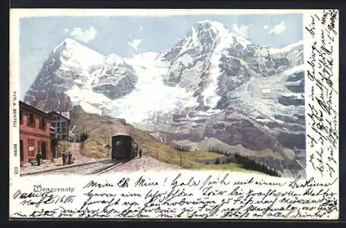 Künstler-AK Wengernalp mit Bergbahn