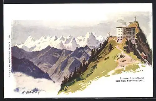 Künstler-AK Stanserhorn, Hotel mit den Berneralpen