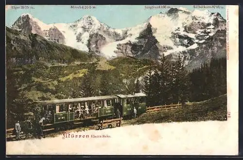 AK Mürren, Elektrische Bahn mit Eiger, Mönch und Jungfrau