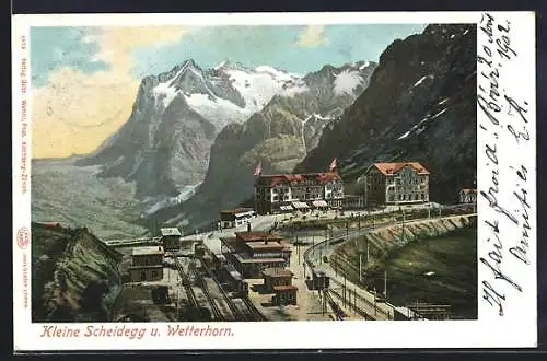 AK Kleine Scheidegg, Blick über die Passhöhe zum Wetterhorn, Hotel, Eisenbahnanlage