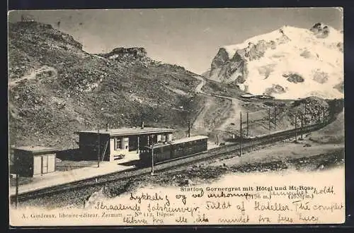 AK Station Gornergrat mit Hotel und Mt. Rosa, Bergbahn