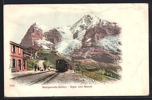 AK Bergbahn an der Wengernalp-Station, Eiger und Mönch