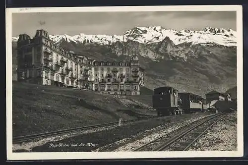 AK Rigi-Kulm, Hotel mit Bergbahn und den Alpen