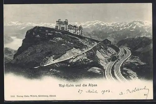 AK Rigi-Kulm, Hotel mit Bergbahn und den Alpen