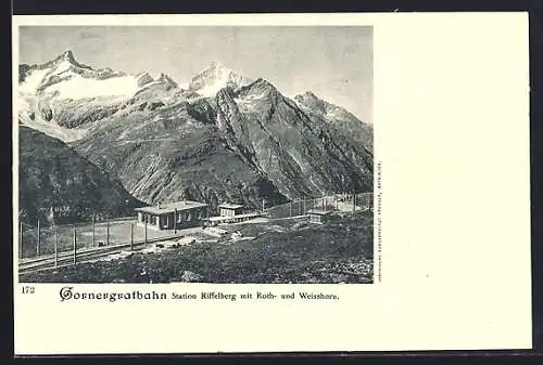 AK Gornergratbahn, Bahnhof am Riffelberg mit Roth- und Weisshorn