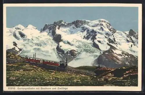 AK Gornergratbahn mit Breithorn und Zwillinge, Bergbahn