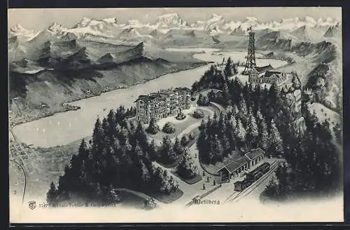 AK Uetliberg, Panorama mit Bergbahn an einer Station