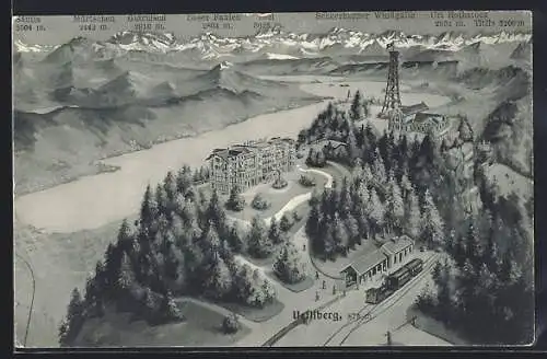 Künstler-AK Zürich, Uetliberg, Hotel mit Bergbahn, Tödi, Glärnisch und Säntis