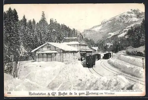 AK Brünig, Bahnhof der Bergbahn & Gd Buffet de la gare im Winter