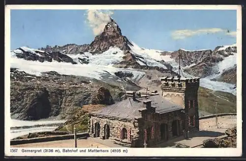 AK Gornergrat, Bahnhof der Bergbahn und Matterhorn