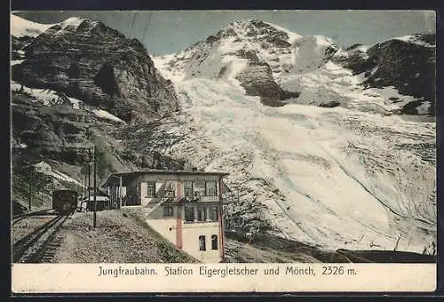 AK Eigergletscher, Jungfraubahn hält an der Station Eigergletscher, Blick zum Mönch