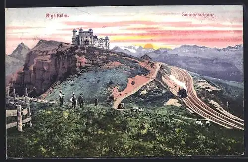 AK Rigi-Kulm, Hotel mit Bergbahn bei Sonnenaufgang