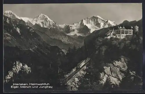 AK Interlaken, Heimwehfluh mit Bergbahn, Eiger, Mönch und Jungfrau