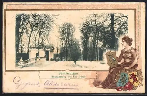 Passepartout-Lithographie s`Gravenhage, Het Bosch-Haupteingang, Gekrönte Frauenfigur mit Wappen