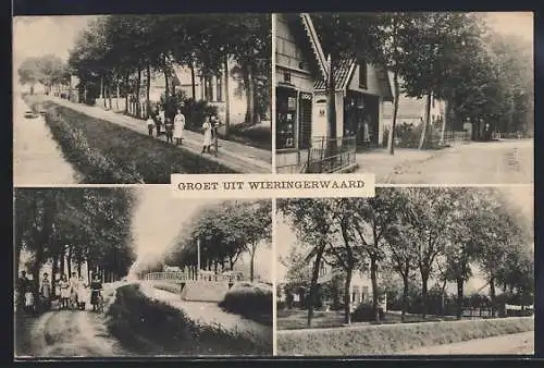 AK Wieringerwaard, Strassenpartie mit Geschäftshäusern, Kanalpartie mit Brücke, Villa