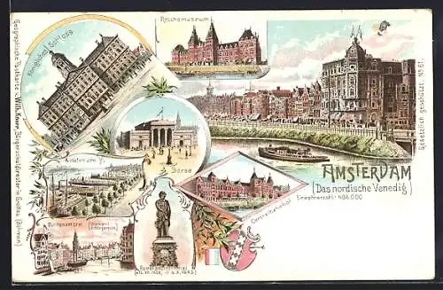 Lithographie Amsterdam, Reichsmuseum, Kgl. Schloss, Börse, Centralbahnhof, Hafen, Binnenamstel