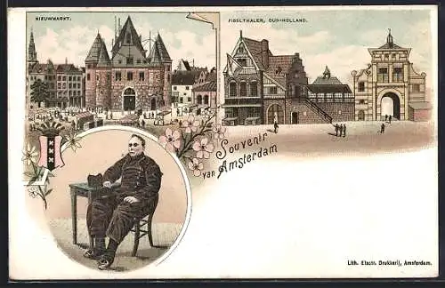 Lithographie Amsterdam, Nieuwemarkt, Fisslthaler Oud-Holland, Wapen, Amsterdamse man