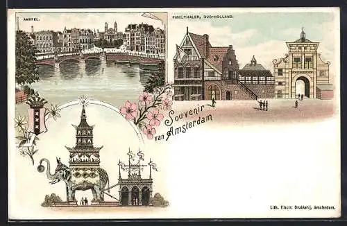 Lithographie Amsterdam, Amstel-Panorama, Fisslthaler Oud-Holland, Wapen