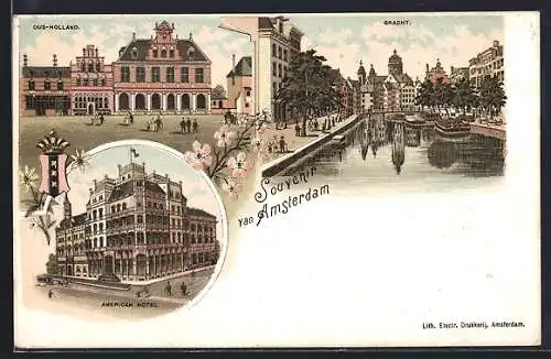 Lithographie Amsterdam, Oud-Holland, Gracht, American Hotel, Wapen