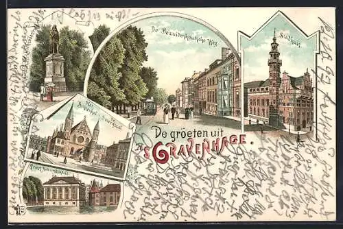 Lithographie `s Gravenhage, Stadhuis, De Bezuidenhoutsche Weg, Standbeeld v. Prins Willem I.