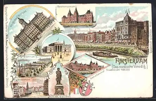 Lithographie Amsterdam, Reichsmuseum, Kgl. Schloss, Börse, Centralbahnhof, Hafen, Binnenamstel