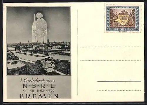 AK Bremen, 1. Kreisfest des NSRL 11.-18.6.1939, Tag der Briefmarke 10.1.1943, Roland, Gesamtansicht