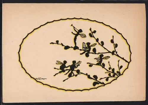 Künstler-AK Elsbeth Forck: Kleine Elfen musizieren im Baum, Schattenbild