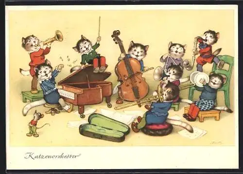 Künstler-AK Fritz Baumgarten: Katzenorchester mit singender Maus