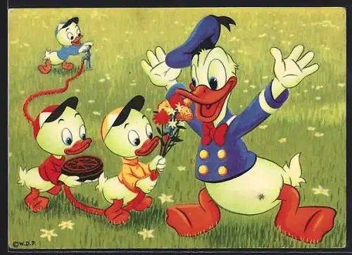 Künstler-AK Comic, Walt Disney, Tick, Trick und Track schenken Donald Duck einen Blumenstrauss