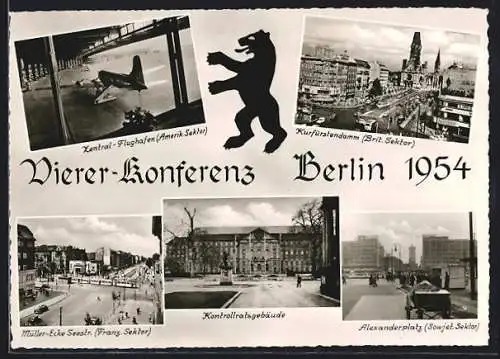 AK Berlin, Viererkonferenz 1954, Kontrollratsgebäude, Zentral-Flughafen, Müller-Seestr., Alexanderplatz, Kudamm, Bär
