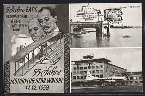AK 55 Jahre Motorflug Gebr. Wright 1958, Stuttgart, Flughafen, Friedrichshafen, Zeppelin-Schwabenfahrt 1931, EAPC