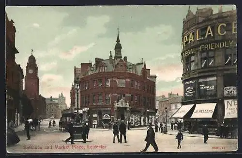 AK Leicester, Entrance and Market Place, Strassenbahn