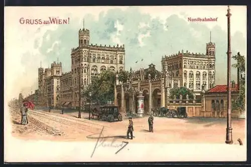 Lithographie Wien, Nordbahnhof mit Passanten, Pferdekutsche